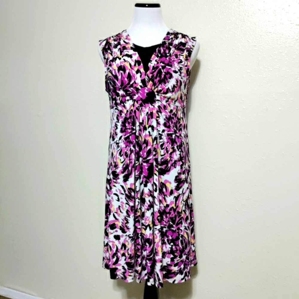 Sleeveless Pink, Yellow, Black & White Midi Dress Empire Waist Size 14